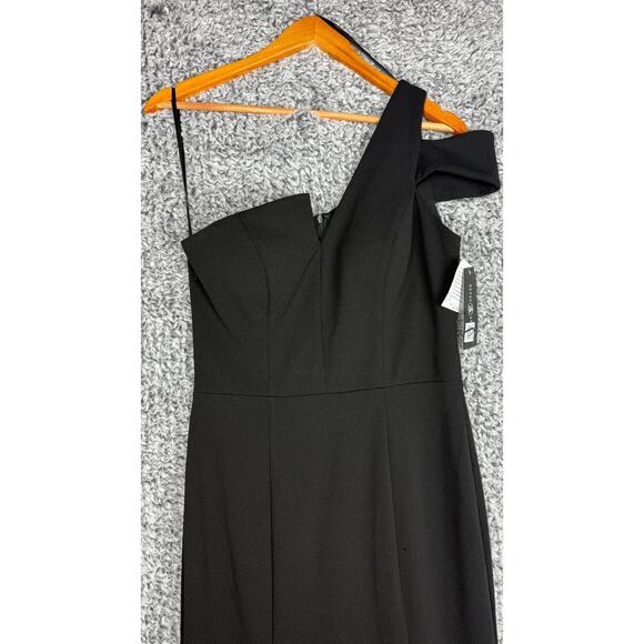 Betsy & Adam One-Shoulder Black Evening Gown Size 10 V-Neck Floor Length Train - Picture 3 of 10
